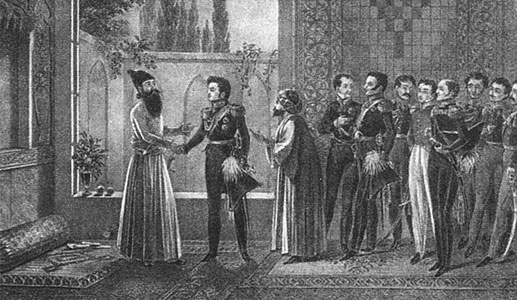 Встреча И. Ф Паскевича с Аббас-Мирзой в Дейкаране 21 ноября 1827 г. (пятый справа Грибоедов). С картины В. Машкова